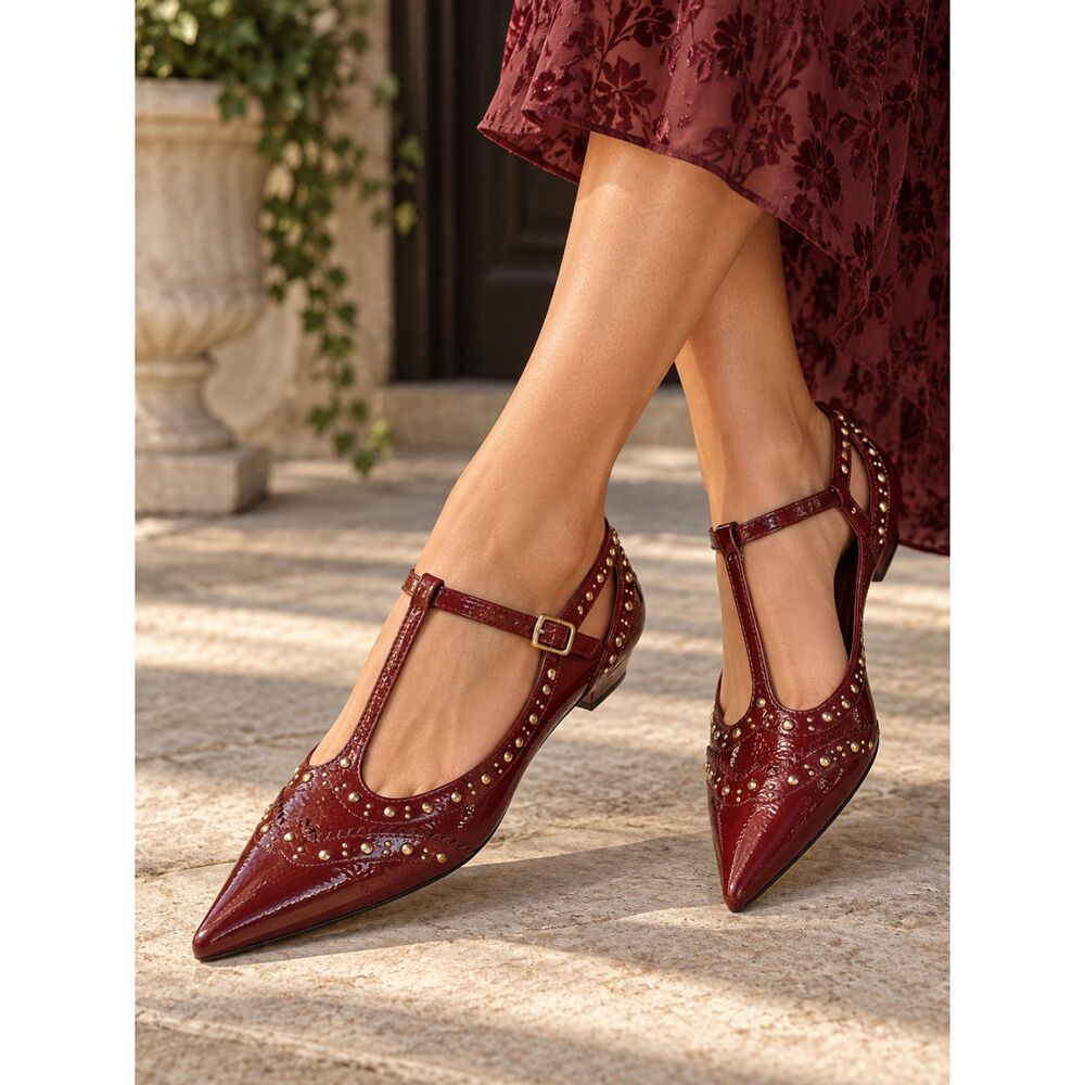 Vince Camuto Valkie Red Patent Studded T-Strap Mary Jane Pointed Toe Flats 6 NIB